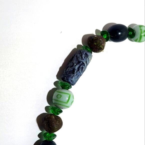Tibetan Ceramic Green and Blue Glass & Terracotta Clay Beaded Necklace - Picture 5 of 8